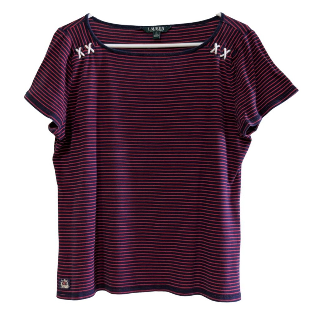 Lauren by Ralph Lauren Women's Striped Short Sleeve T-Shirt, Red Blue, Size XL